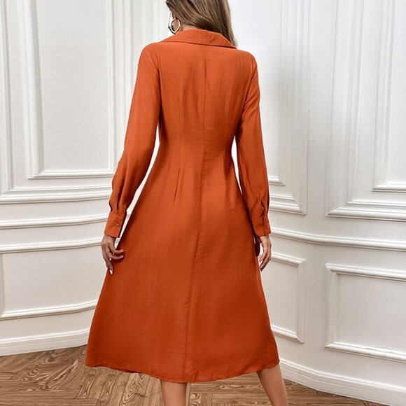 2/$40 Elegant Ruched Midi Dress Orange Brown Long Sleeve Collar Thigh Slit - Picture 5 of 7